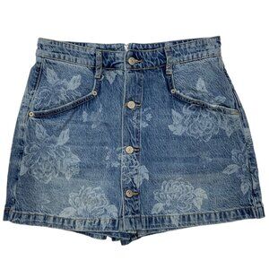 Free People Ray Printed Denim Skort 10 Blue Floral Pockets Button Front Bohemian